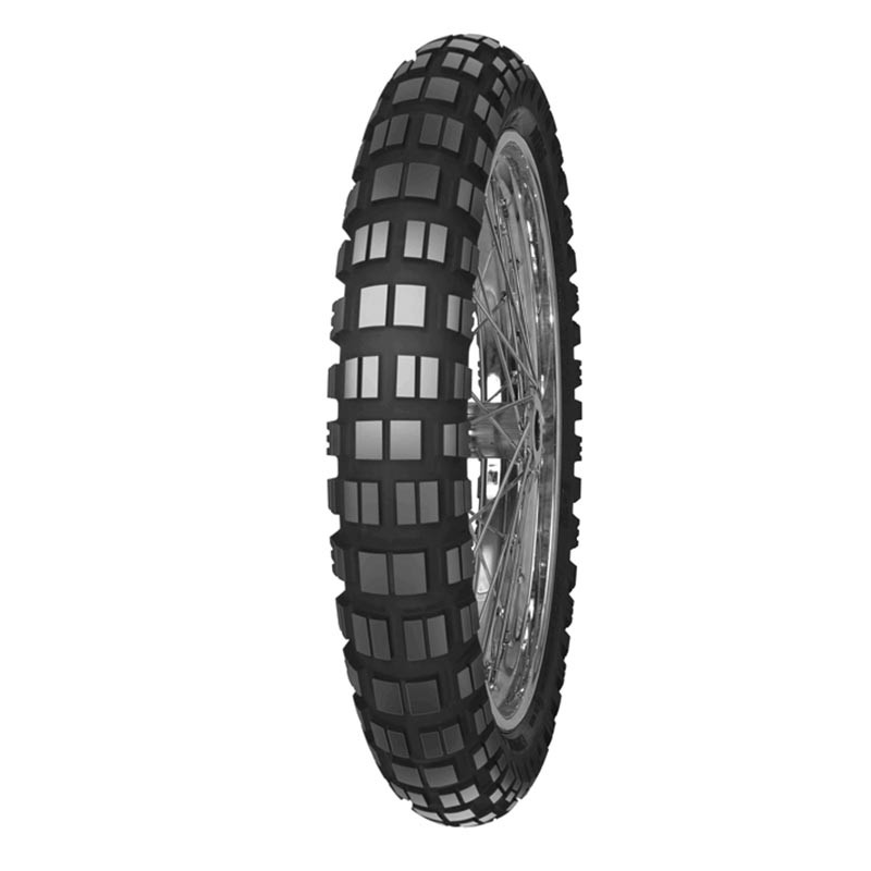 Mitas E-10 front motorcycle tire, 110/80B19 size, featuring a rugged tread pattern, black rubber material, and M+S marking for enhanced traction in various conditions.