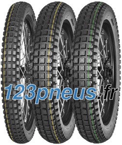 Mitas Enduro Hybrid rear wheel tire, 110/90-19 size, featuring a super light compound, M+S marking, and distinct tread pattern with yellow and green stripes on the sidewalls.