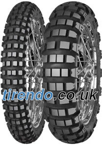 Mitas Enduro Trail XT+ rear wheel tire features a 150/70B18 size, M+S marking, Dakar compound, and a distinctive yellow color with a rugged tread pattern for off-road performance.