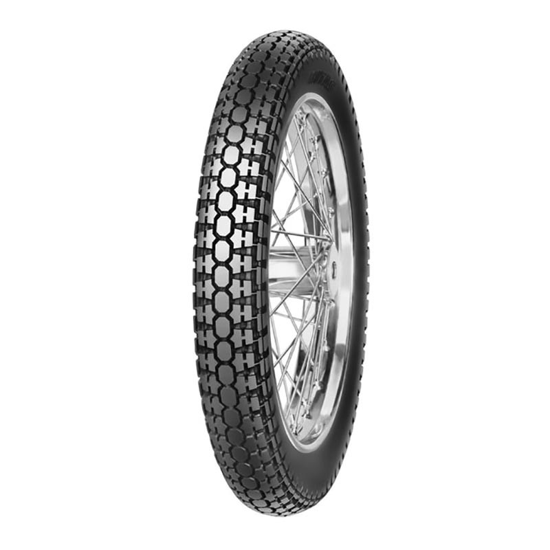 Mitas H-02 motorcycle tyre in black with a distinctive tread pattern, size 3.00 19 (57P) TT, designed for both front and rear use, showcasing a metal rim.