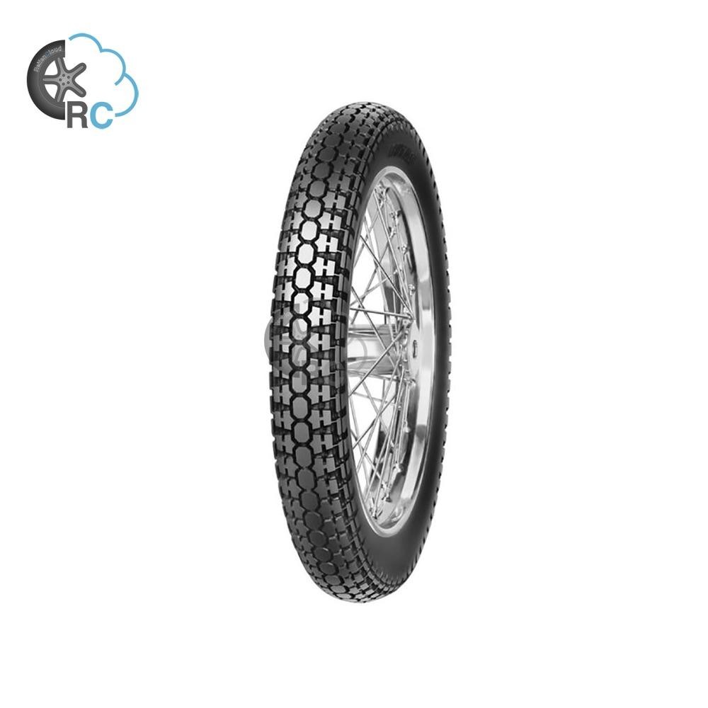Mitas H-02 motorcycle tyre in black with a distinctive tread pattern, measuring 4.00 19 (71P) TT, suitable for both front and rear use, featuring a shiny metal rim.