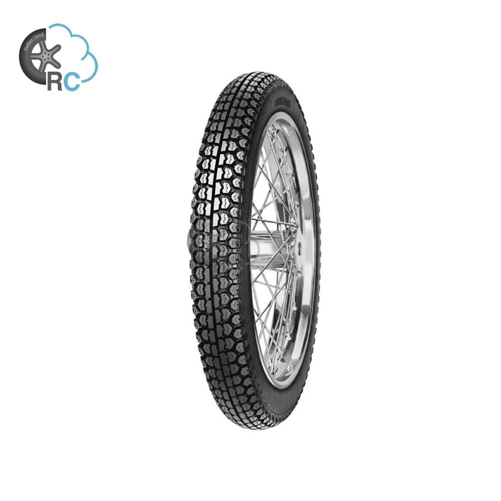 Mitas H-03 motorcycle tyre in black with a tread pattern designed for grip, size 3.25-18, suitable for front or rear use, featuring a durable rubber material and a steel rim.