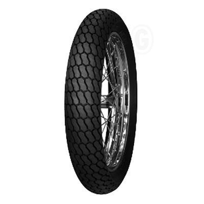 Black motorcycle tire with a tread pattern designed for road use, featuring a chrome wire rim, labeled "Mitas H18" and specifications for size and load rating.