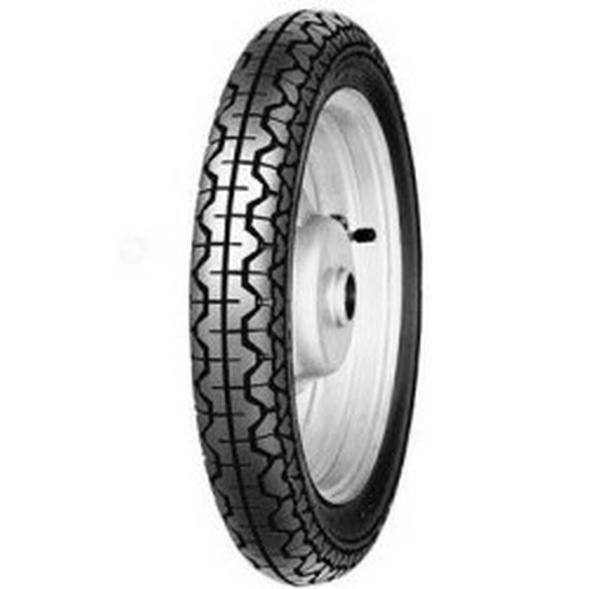 Black rubber motorcycle tire with a tread pattern designed for traction, featuring a silver metal rim and a size designation of 4.00-18 TT 64S.
