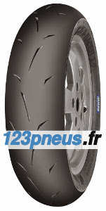 Mitas MC35 S-Racer 2.0 tire with a black rubber surface, featuring a smooth tread pattern and sidewall markings, designed for rear wheel use, size 100/90-12, compound soft.