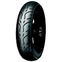 Black motorcycle tire with a smooth tread pattern, labeled "Mitas MC7 3.00-18 TL 52R," designed for rear or front wheel use.