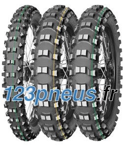 Mitas Terra Force-EX MH front tire, 90/100-21 size, features a rugged tread pattern with green and yellow accents, designed for lightweight performance on various terrains.