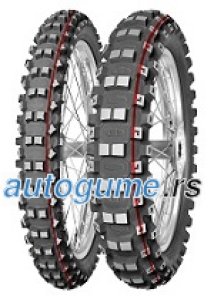 Mitas Terra Force-MX SM tire in 70/100-10 size, featuring a soft-medium compound, with a distinctive tread pattern and red accents on the sidewalls.
