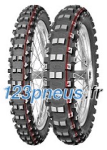 Mitas Terra Force-MX SM rear tire in size 90/100-14, featuring a soft medium compound, with a distinctive red and yellow design and rugged tread pattern for off-road performance.