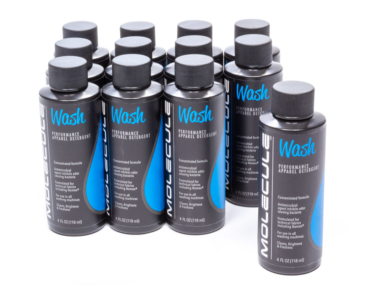 Molecule Wash Performance Apparel Care in 4-ounce black bottles, featuring a bright blue label with white text, arranged in a cluster on a white background.