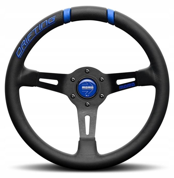 Black leather steering wheel with blue accents, featuring a three-spoke design and a central blue emblem, labeled "DRIFTING" in bold blue lettering.
