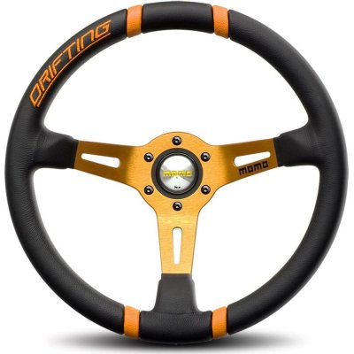 Black leather racing steering wheel with orange accents and "DRIFTING" text, featuring a gold anodized center hub and three-spoke design, Ø 35 cm.