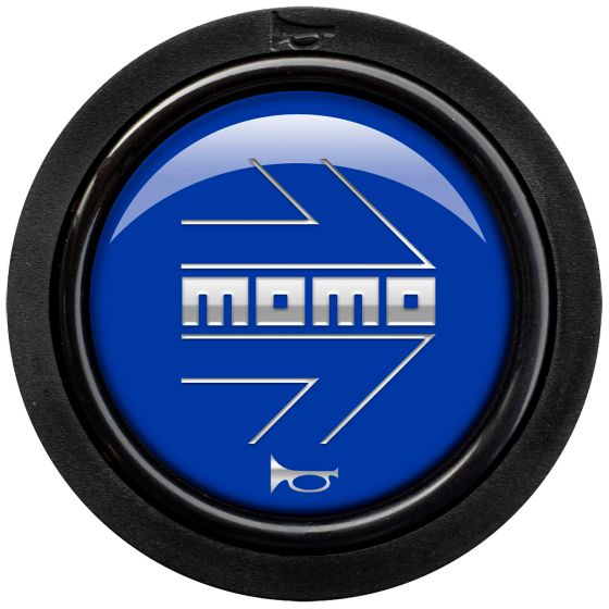 Glossy blue horn push button featuring a silver Momo logo, set in a black circular housing with two contact points for installation.