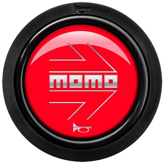 Glossy red horn push button featuring a silver Momo logo, encased in a black circular housing, designed for two contact connections.