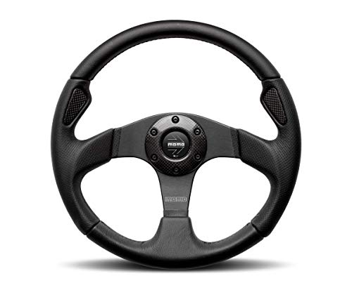 Black steering wheel with a 350 mm diameter, featuring black AirLeather grip, textured spokes, and a central hub with the Momo logo.