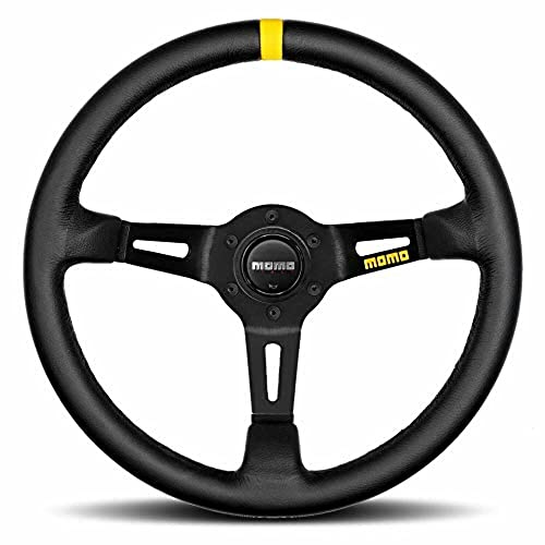 Black leather steering wheel with black spokes and a single yellow stripe, featuring a central Momo logo and three ergonomic cutouts for grip, measuring 350 mm in diameter.