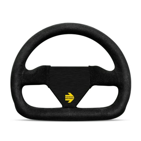 Black suede steering wheel with a 250mm diameter, featuring a sleek design and a yellow Momo logo on the center hub, ideal for racing or performance vehicles.
