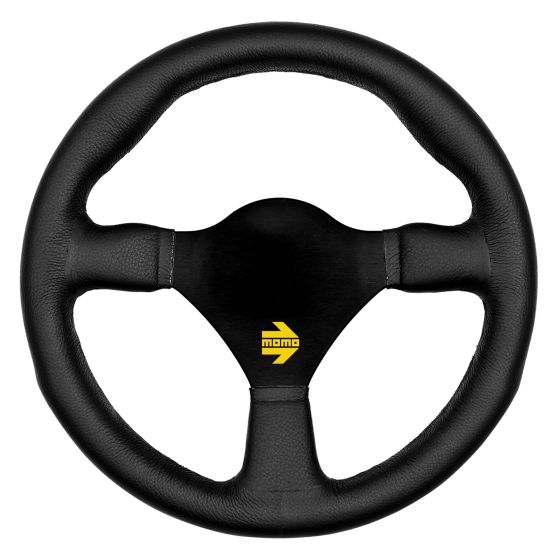 Black leather steering wheel with a 260mm diameter, featuring a sleek design and a central hub with a yellow Momo logo.