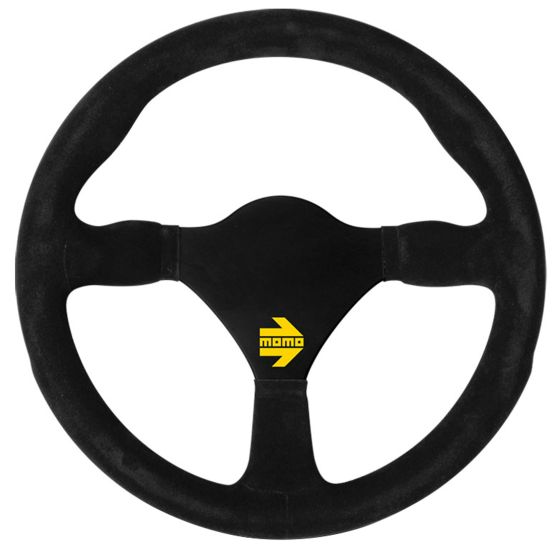 Momo Model 26 steering wheel, 280mm diameter, features a black suede finish with a yellow Momo logo at the center and ergonomic grips for enhanced handling.