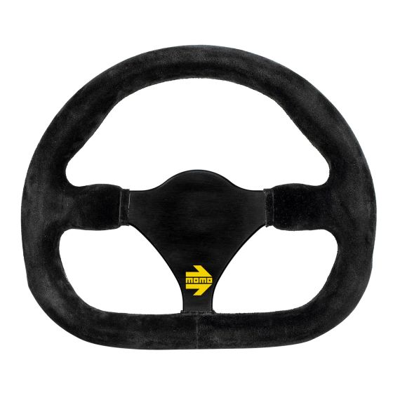 Black suede steering wheel with a 270mm diameter, featuring a central black hub and a yellow Momo logo, designed for enhanced grip and performance.