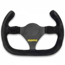 Black suede Momo Model 27C steering wheel with a distinctive three-spoke design and yellow Momo logo at the center.
