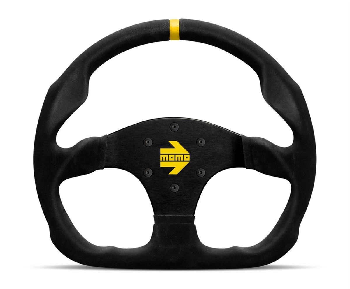Black Momo Model 30 steering wheel featuring a textured grip, a yellow stripe at the top, and a sleek design without buttons, made from durable materials.