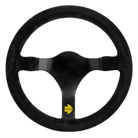 Black suede steering wheel with a 340mm diameter, featuring a sleek, matte black center and a yellow Momo logo at the bottom.