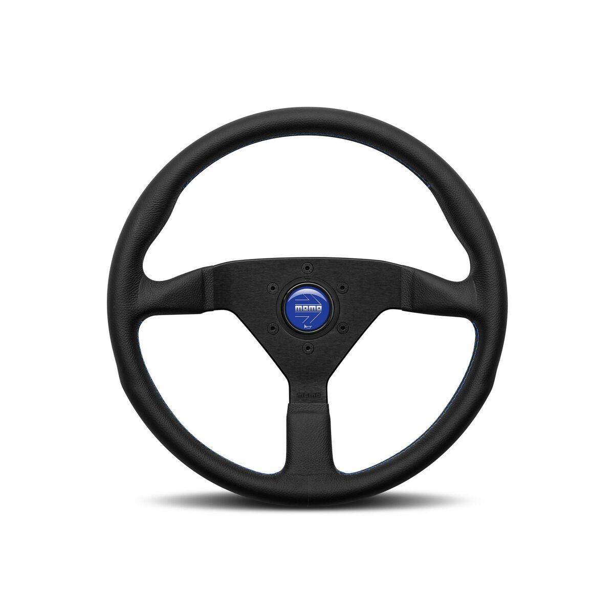 Momo Montecarlo steering wheel in black leather with blue stitching, featuring a three-spoke design and a central blue Momo logo.