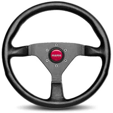 Momo Montecarlo steering wheel, 350mm diameter, featuring black leather with red stitching, a sleek design, and a prominent red Momo logo at the center.