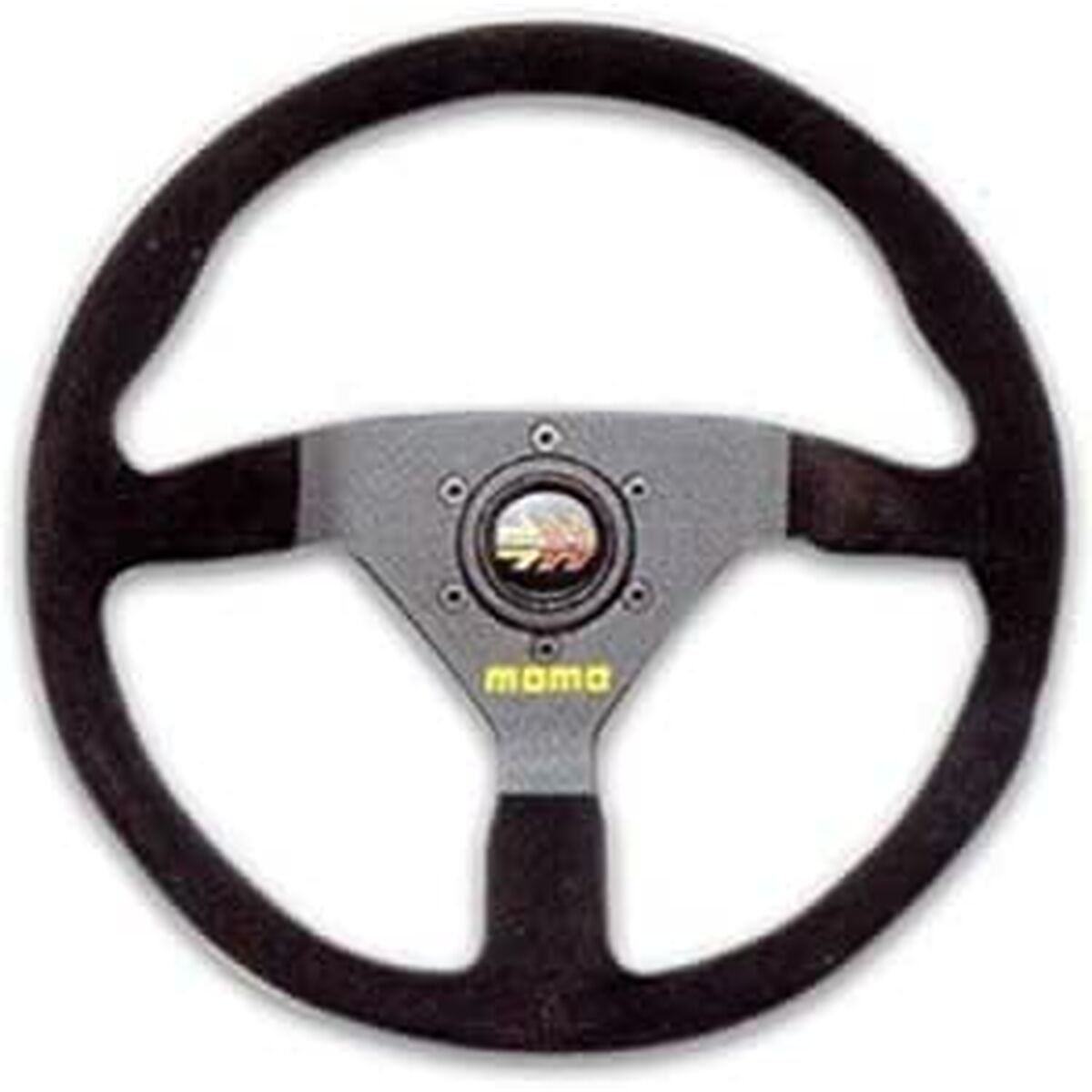 Black leather steering wheel with yellow stitching, 350 mm diameter, featuring black spokes and a central Momo logo, designed for a sporty look and feel.