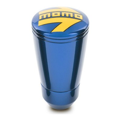 Momo SK-50 gear knob in vibrant blue with a glossy finish, featuring a prominent yellow Momo logo and a sleek, tapered design.