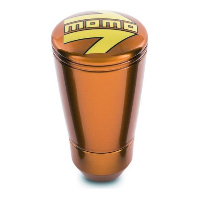 Momo SK-50 gear knob in vibrant orange with a glossy finish, featuring a prominent yellow Momo logo and a tapered design for enhanced grip.