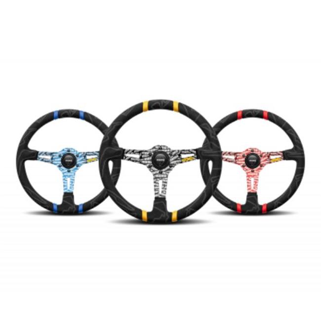 Momo Ultra Steering Wheel in black with blue accents, featuring a textured grip and sporty design, alongside two additional color variations in red and yellow.