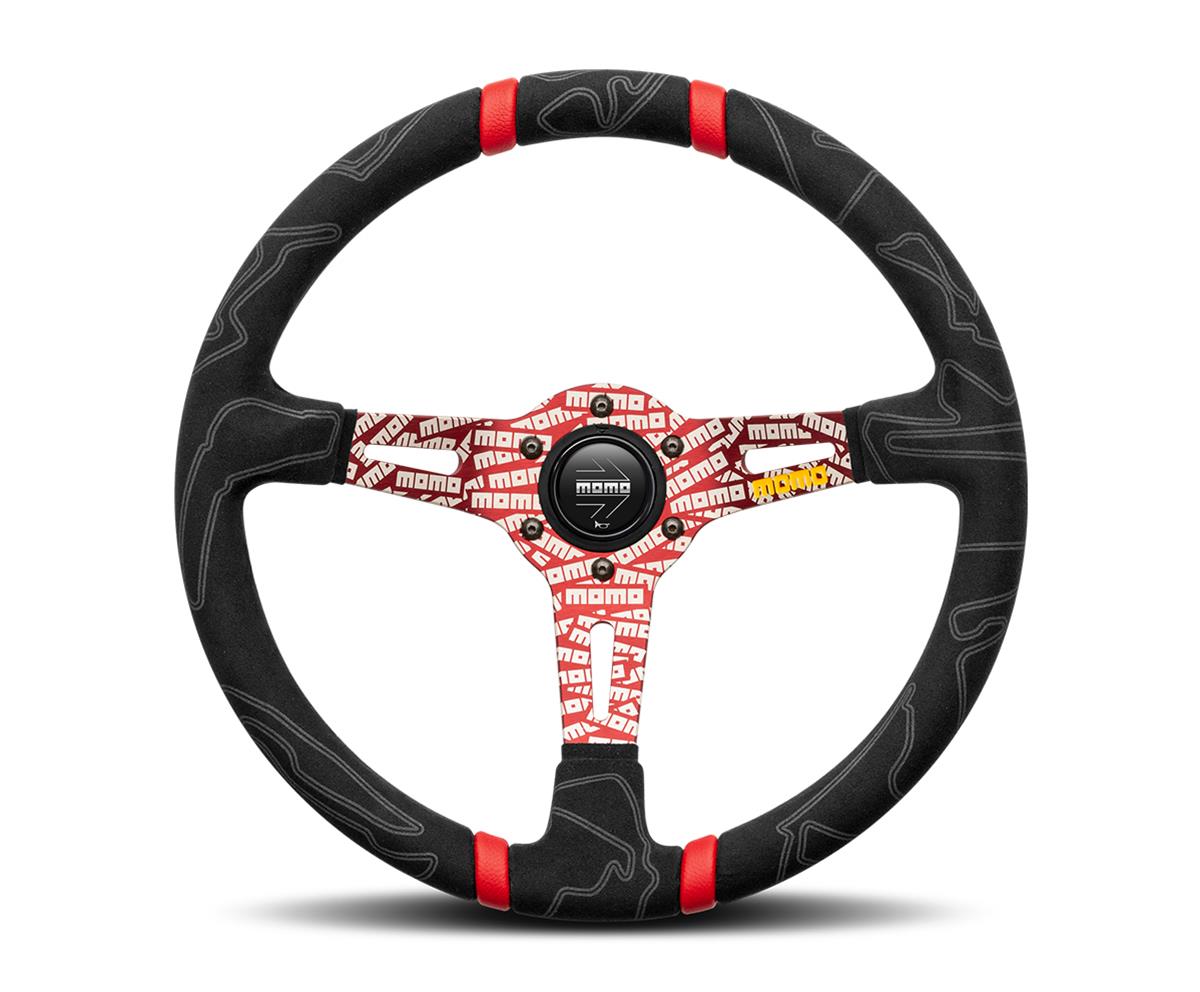 Black and red Momo Ultra Steering Wheel featuring a textured grip, a central logo, and a unique pattern with racing-inspired graphics.