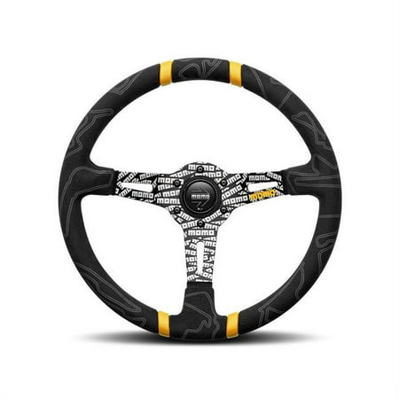 Black steering wheel with yellow accents, featuring a textured grip and a unique design of repeated "Momo" logos on a white background.