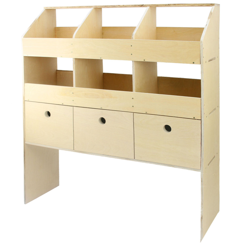 Brown wooden van racking storage system featuring three open compartments on top and three drawers with circular handles at the bottom, designed for efficient organization.