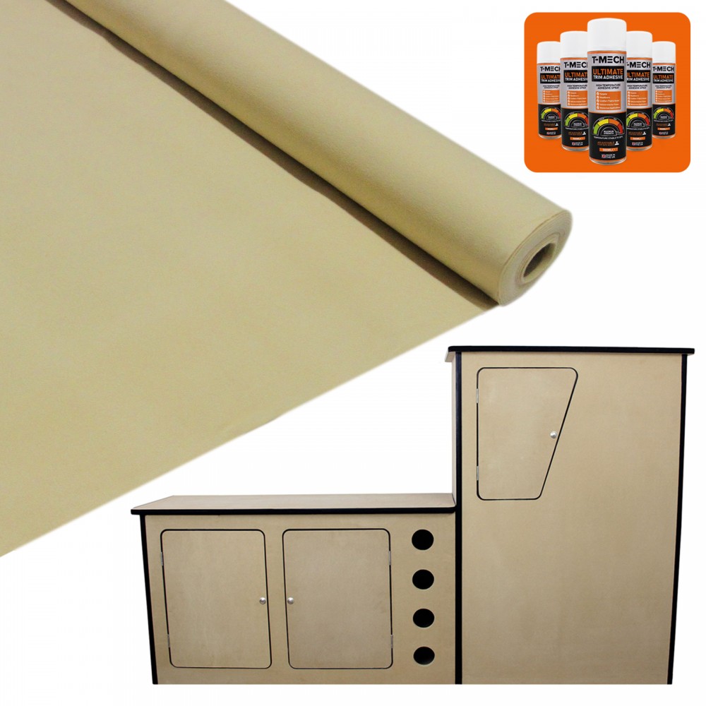 Beige van lining carpet roll with a smooth texture, accompanied by five cans of Trim Fix adhesive, set against a simple kitchen unit with cabinets and circular cutouts.