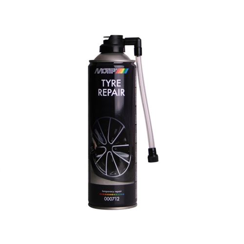 Black and silver aerosol can of MOTIP Tyre Repair spray, 500ml, featuring a nozzle and an image of a car wheel on the label, designed for temporary tyre repairs.