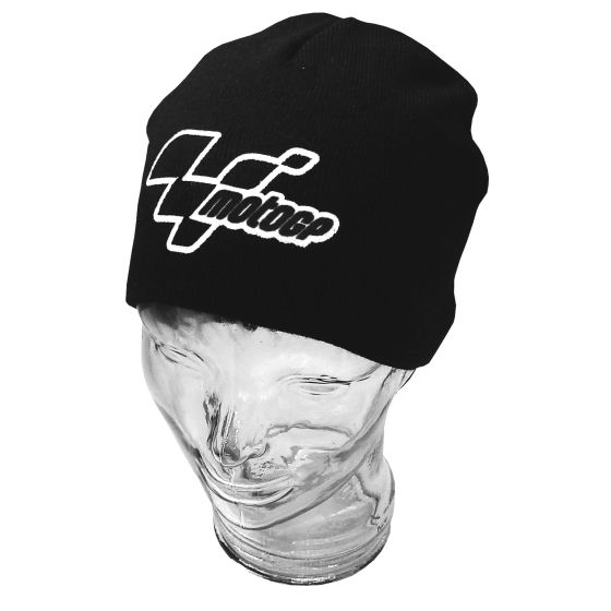 Classic black beanie hat featuring the Moto GP logo in white, made from soft, stretchy material, designed for comfort and style.