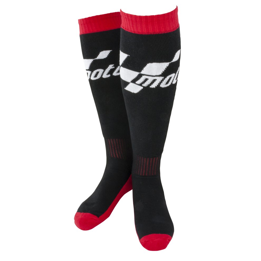 Black thermal motorcycle boot socks with red accents, featuring a MotoGP logo in white and ribbed cuffs for a snug fit, designed for winter riding.