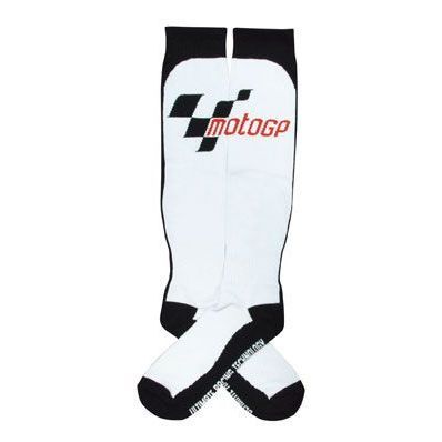 White summer boot socks featuring a black and white checkered pattern and the "motogp" logo in red, designed for comfort and style in warm weather.