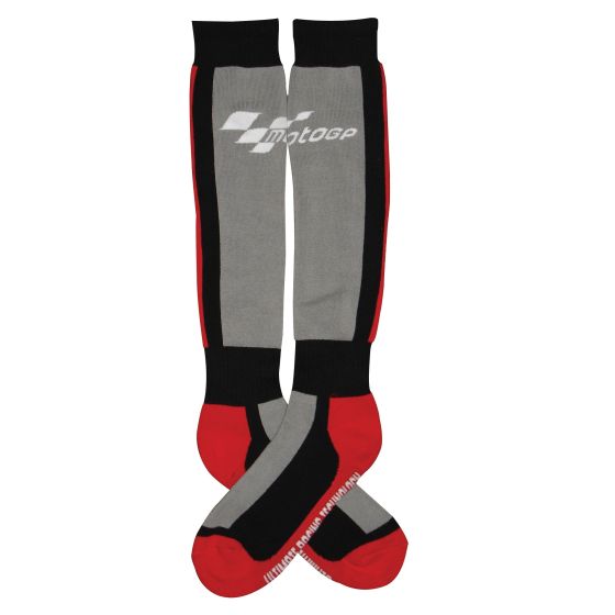 Grey Moto GP race socks featuring black and red accents, with a checkered flag logo and reinforced toe and heel for durability.