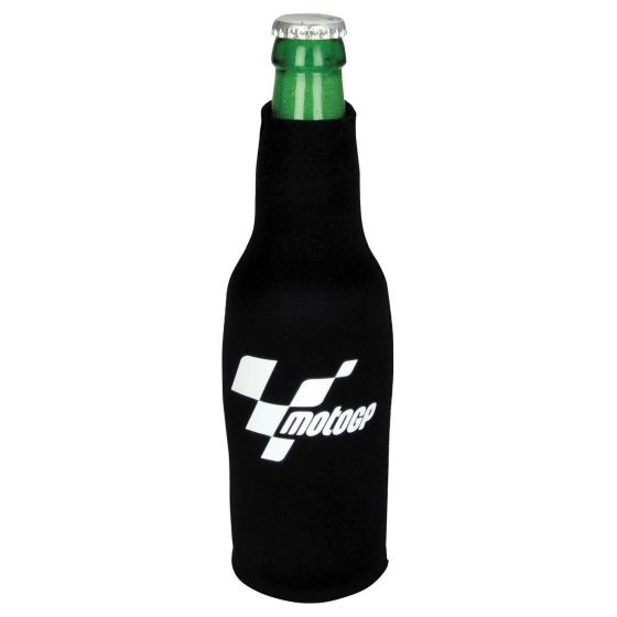 Black neoprene bottle cooler featuring a white Moto GP logo and checkered flag design, designed to keep beverages cold.