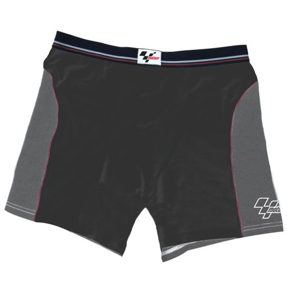 Black and grey Moto GP short boxer featuring a sleek design, elastic waistband, and logo detailing on the side, made from a comfortable, stretchy material.