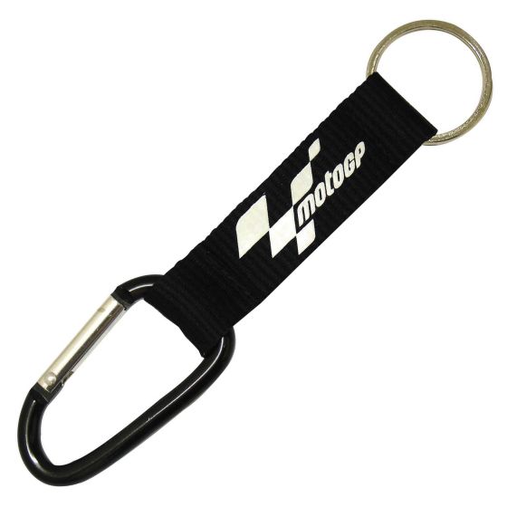 Black key ring with a carabiner clip, featuring a white MotoGP logo on a durable strap, ideal for motorcycle enthusiasts.