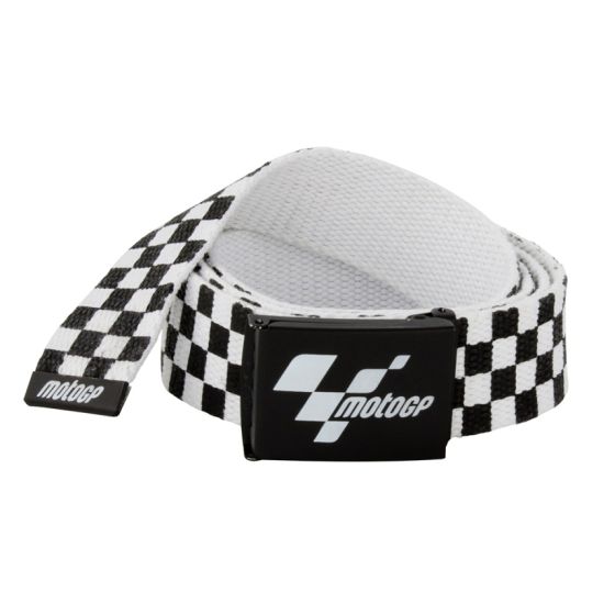 Black and white checkered waist belt featuring a metal buckle with the Moto GP logo, made from durable fabric for a sporty look.