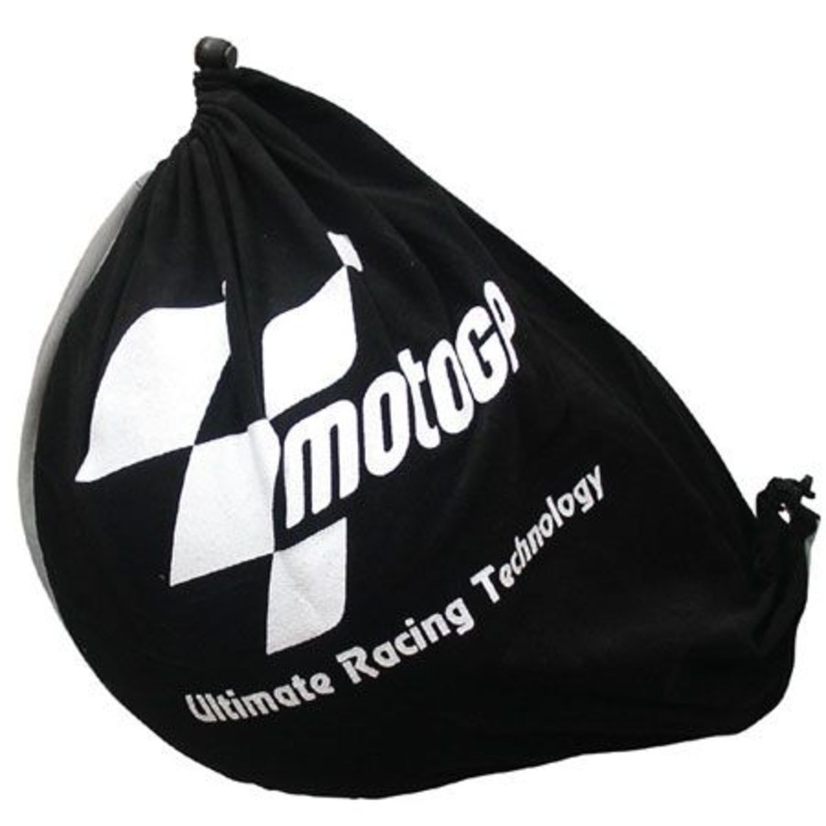 Black Moto GP helmet bag made of durable fabric, featuring a prominent white Moto GP logo and "Ultimate Racing Technology" text, with a drawstring closure for secure storage.