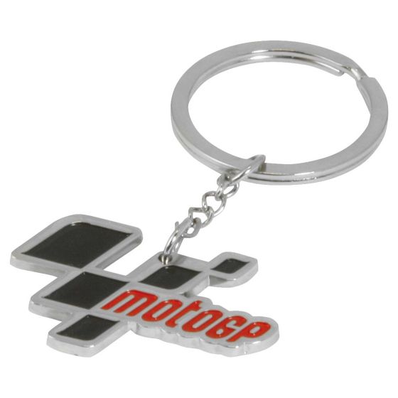 Silver metal key fob featuring the Moto GP logo in black and red, with a keyring attachment for easy carrying.