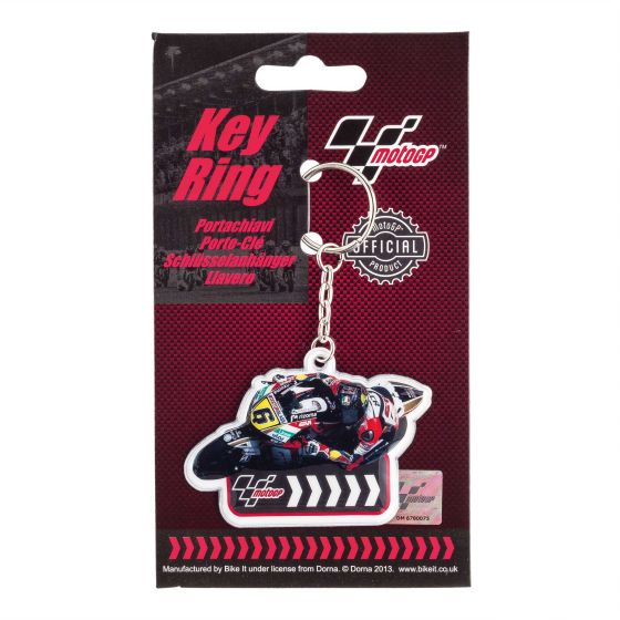 Moto GP PVC keyfob featuring a colorful design of a motorcycle racer, attached to a silver chain, with a branded backing card showcasing the Moto GP logo.