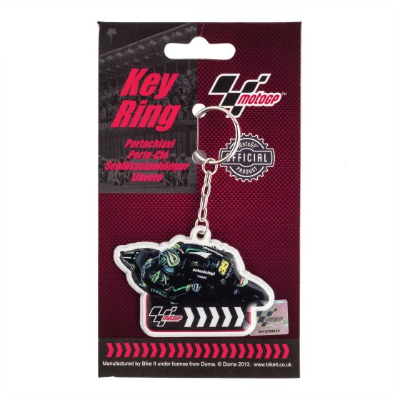 Black and green PVC key fob shaped like a motorcycle, featuring "Crutchlow" branding, attached to a metal keychain, with a Moto GP logo and packaging displaying racing graphics.
